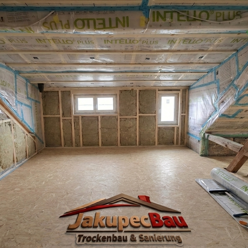 Dachgeschoss Innenausbau Dachgeschoss Innenausbau mit Dämmung eingelegt, Dampfsperre mechanisch befestigt und luftdicht angeschlossen.